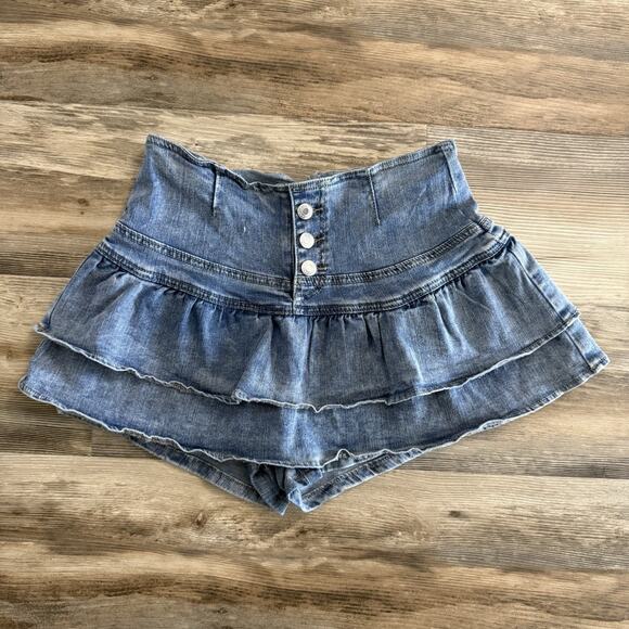 Distressed Denim Ruffle Skort High Waist Button Front Women’s W28 Y2K Mini - Picture 1 of 5